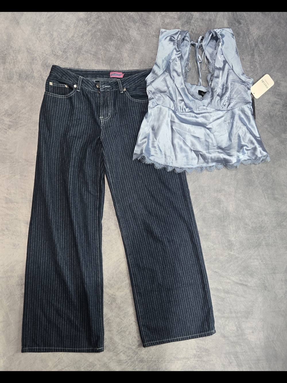 Edikted Cory Striped Low Rise Baggy Jeans in a dark indigo BUNDLE
